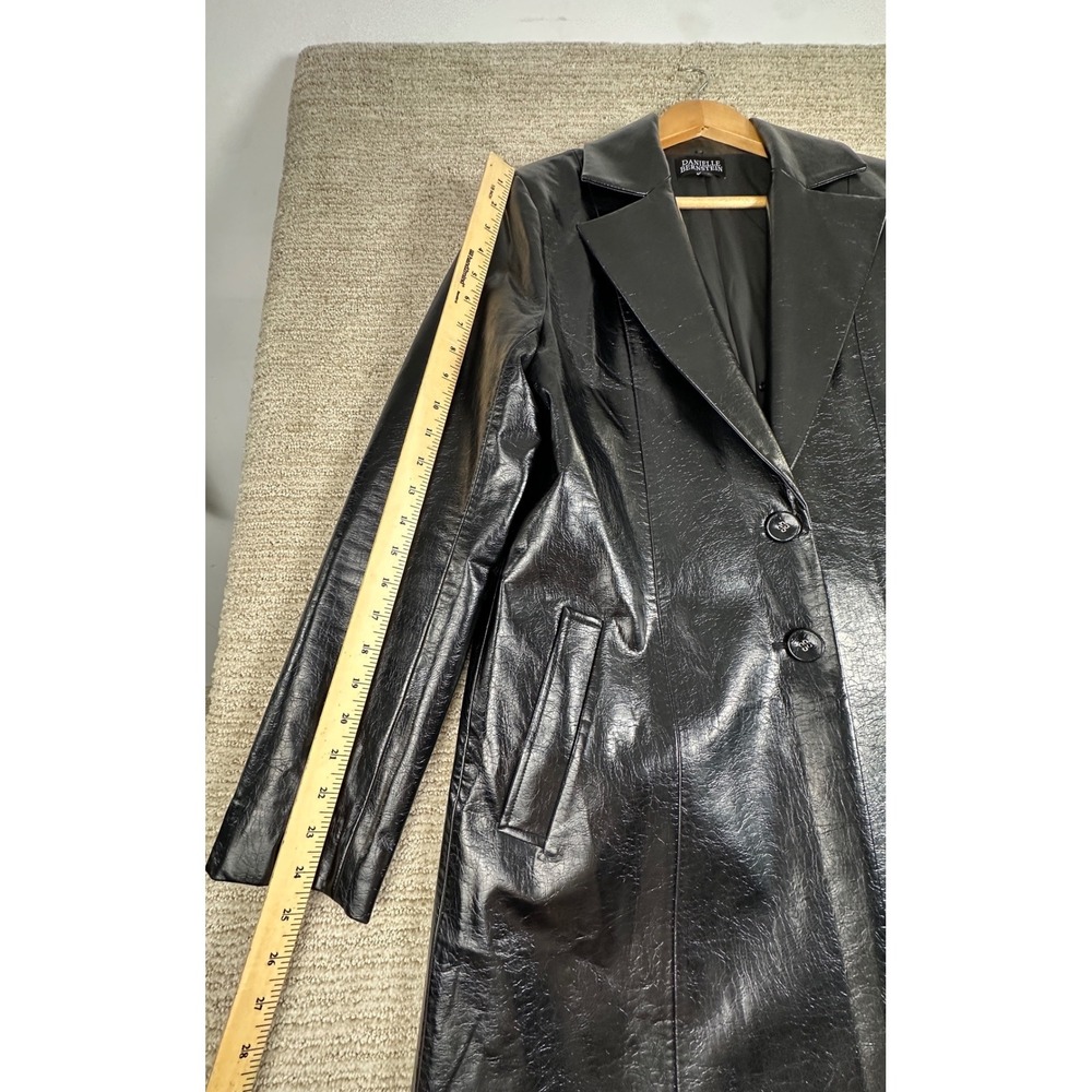 Danielle Bernstein Black Faux Leather Trench Coat Long Jacket Textured Vegan M - Picture 5 of 13